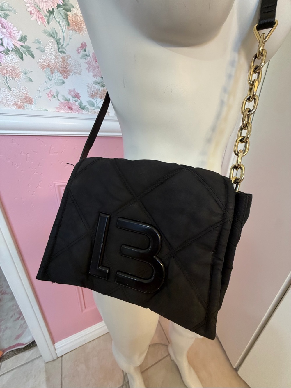LB Quilted Black Crossbody Bag with Gold Chain Strap